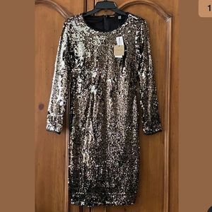 Tahari Womens Stretch Sequin Long Sleeve Dress